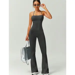 One-piece sports pants for women outdoors, flared pants, fitness training leggings, sleeveless yoga pants, peach butt sports leggings, backless sports jumpsuit