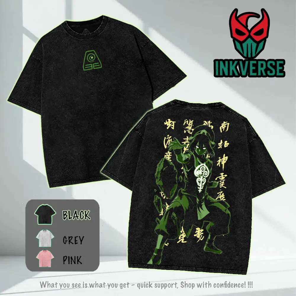 Toph Beifong- Avatar: The Last Airbender, Earthbending Master T-Shirt Washed Cotton Shirt, Cartoon Vintage Graphic Tee, Double Sided Print Retro 90s Animation T-Shirt, Streetwear Washed Cotton Top Mens Unisex