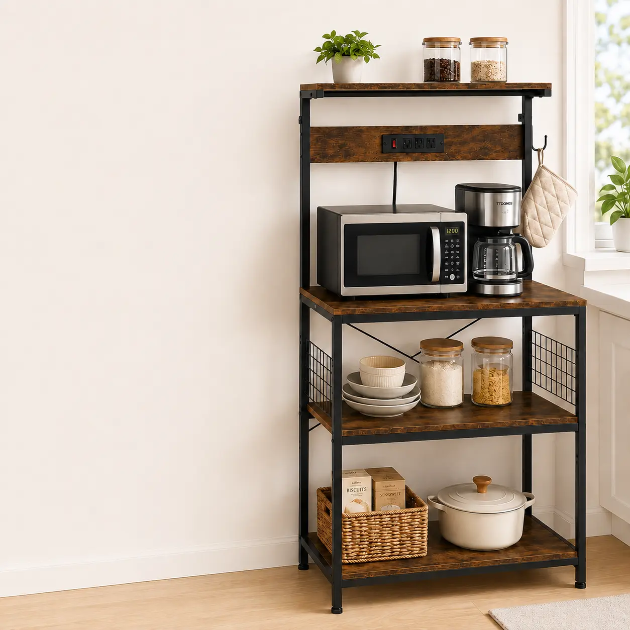 Farmhouse Freestanding Kitchen Baker’s Rack with Built-in Power Outlet, Durable Industrial Adjustable Microwave Stand, 31.5"x16.5" Large Worktop, Rustic Brown Coffee Bar Cabinet, Storage Shelf with Adjustable Middle Shelf & 3 S Hooks, 31.5" X 16.5"