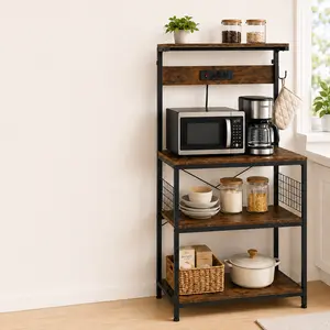 Kitchen Baker’s Rack with Power Outlet, Adjustable Microwave Stand, 31.5" x 16.5" Large Worktop, Rustic Brown Coffee Bar Cabinet, Kitchen Storage Shelf with Adjustable Middle Shelf & 3 S Hooks