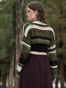 Boho Cropped Hollow Knit Sweater For Women Color Block Striped Flare Sleeve Long Sleeve Crop Top Casual Loose Pullover For Spring Summer Forest Camping Music Festival Beach Vacation Streetwear