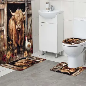 1/4 piece set of farm yak rooster pattern shower curtain, The 4-piece set includes a single shower curtain, anti slip floor mat, toilet U-shaped mat, toilet lid mat, with shower curtain hook, and belongs to bathroom decoration products