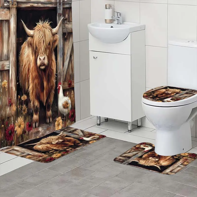 4 piece set of farm yak rooster pattern shower curtain, The 4-piece set includes a single shower curtain, anti slip floor mat, toilet U-shaped mat, toilet lid mat, with shower curtain hook, and belongs to bathroom decoration products