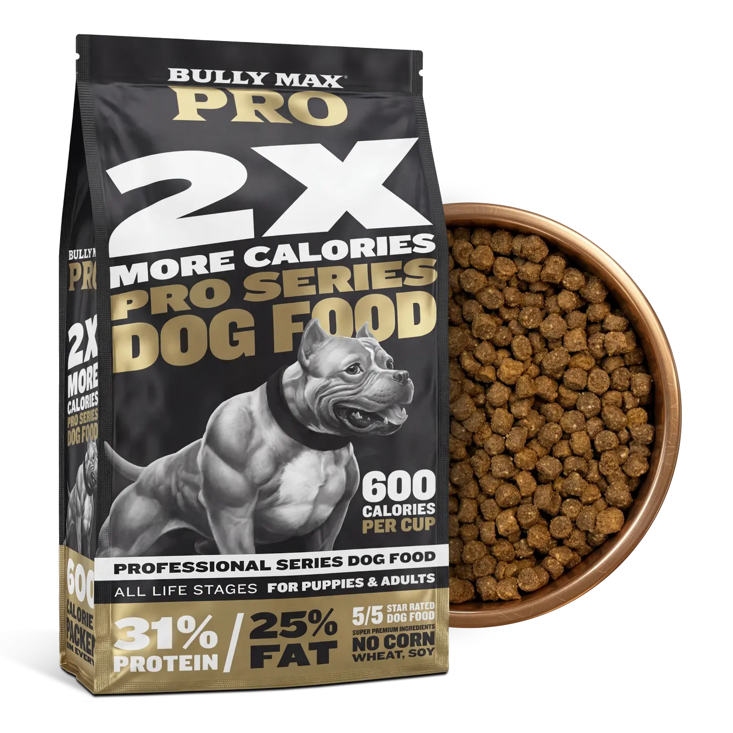 Bully Max Pro 2X Pro Series Dog Food - 4 lbs - High Calorie & High Protein Dry Dog Food for Puppy & Adult Dogs - Weight Gain & Muscle Building - 600 Calories/Cup Kibble Chicken