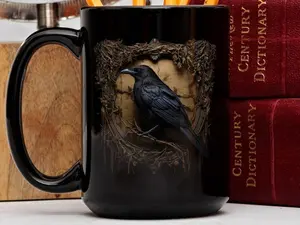 Gothic Raven Mug, Dark Academia Mug, Black Witchy Coffe Cup, Goblincore, Whimsigoth, Black Raven Mug, Gothic Tea Cup, Black Crow Coffee Cup