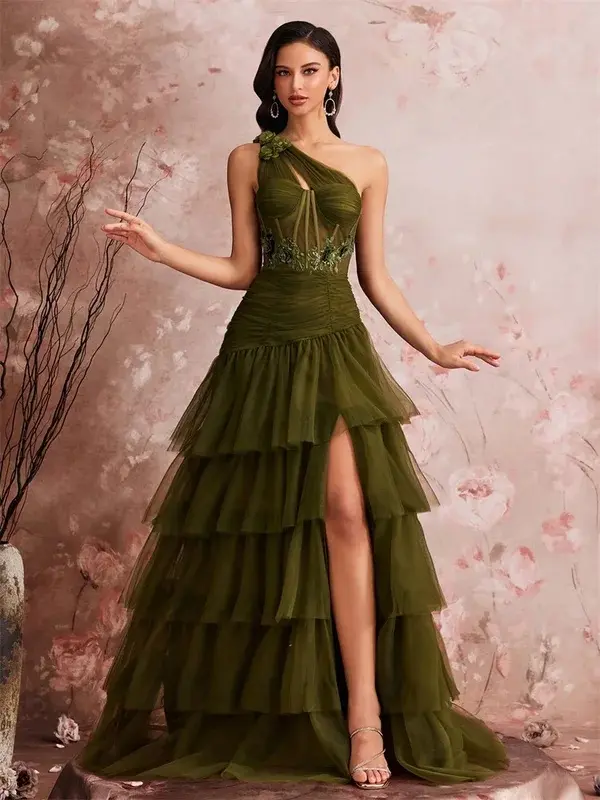 Luxury Skew-shouldered Fishbone Applique Cake Dress Elegant Tulle Slit Formal Evening Dresses Elegant Backless Party Gowns