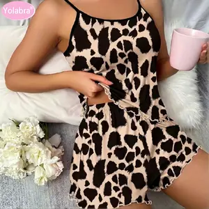 Yolabra Summer Trendy Pajama Two Piece Set Sexy Casual Camisole Vest Shorts Soft Lightweight Breathable Fabric Comfortable Loose Fit Stylish Design High Quality Material Fashion Home Wear Daily Loungewear Cozy Nightwear Popular Female Apparel
