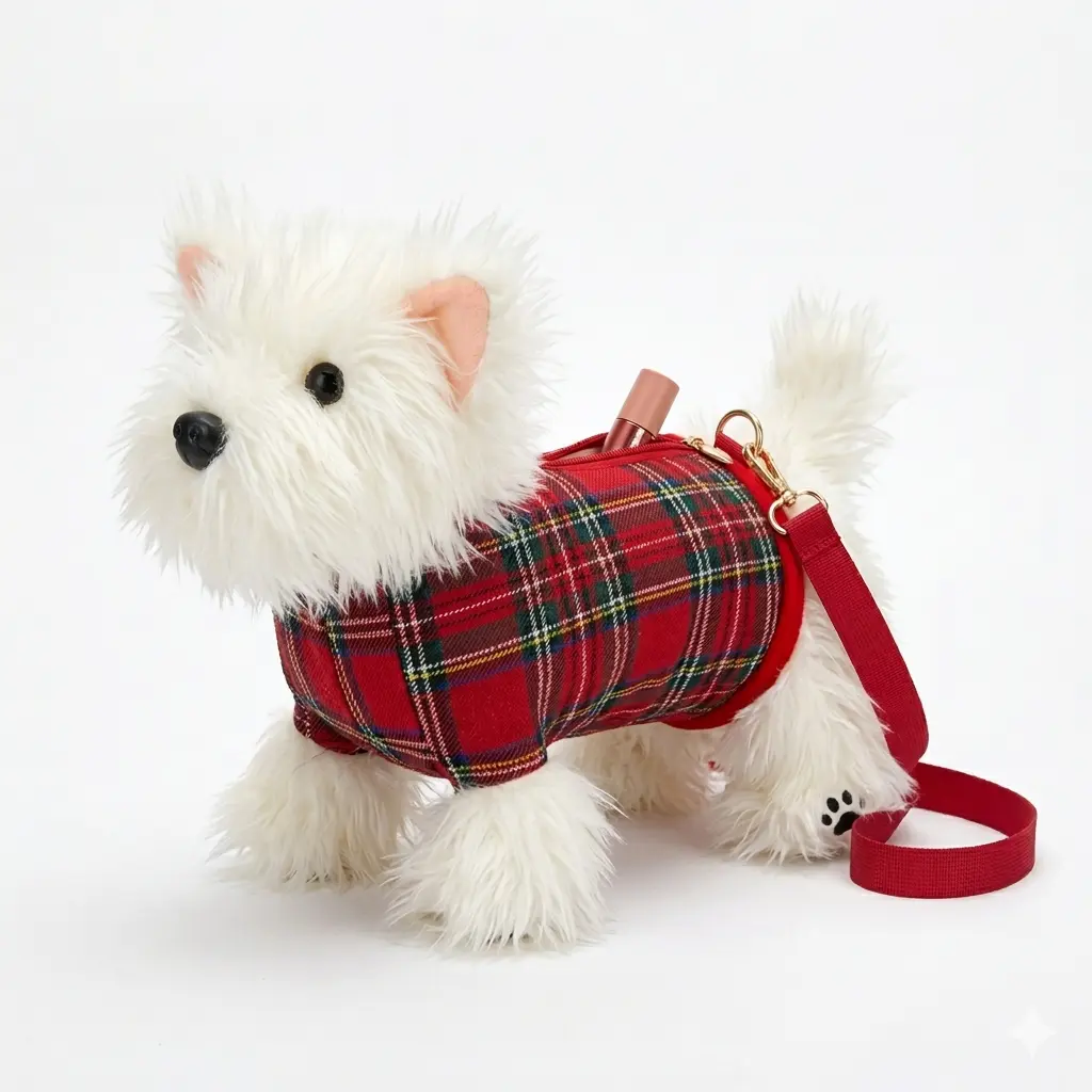 Coquette Westie Plushie Crossbody Purse - Red Tartan, Coquette Aesthetic, Furry Texture, Y2K Preppy Style Faux Fur, Perfect Emotional Support Item for Her 2026 Birthday Gift