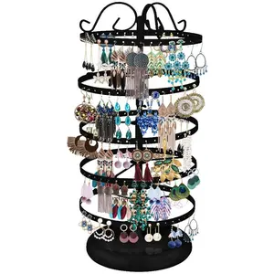 5 Tiers Metal Rotating Earring Holder Organizer, Exquisite Jewelry Display Stand Necklace Rack Holder, 220 Holes for Earrings- 14X6.3 Inch (Black)