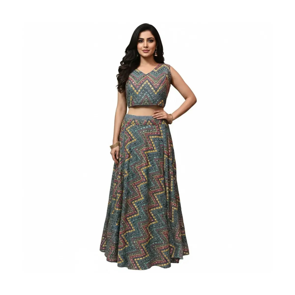 #K40 Traditional Teal Zigzag Mirror Work Lehenga Choli Set