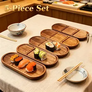 5 high-quality Acacia wood 3-grid plates, made of environmentally friendly food grade wood material, with warm natural wood tones and oval partition design, easy to clean, reusable and sturdy, very suitable for daily dining and dinner parties