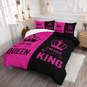 "King"  "Queen" Pattern Printed Comforter Set, Including 1/2 Coreless Pillowcase, Couple Theme Bedding Gift Set, Full of Romantic and Sweet Atmosphere in The Bedroom, Warm and Soft and Comfortable Bedding