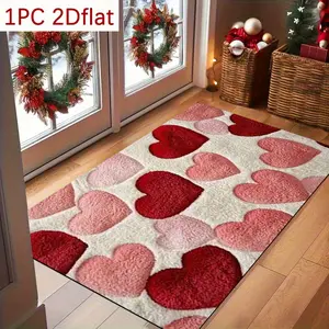 Flannel 1pc Heart Pattern Doormat, Couple Bedroom Door Mat, Red Pink Heart Decorative Rug For Home Porch Decor, Indoor/Outdoor Entry Floor Mat, Modern Outdoor Entry Carpet, 0.47inch Sponge Mat