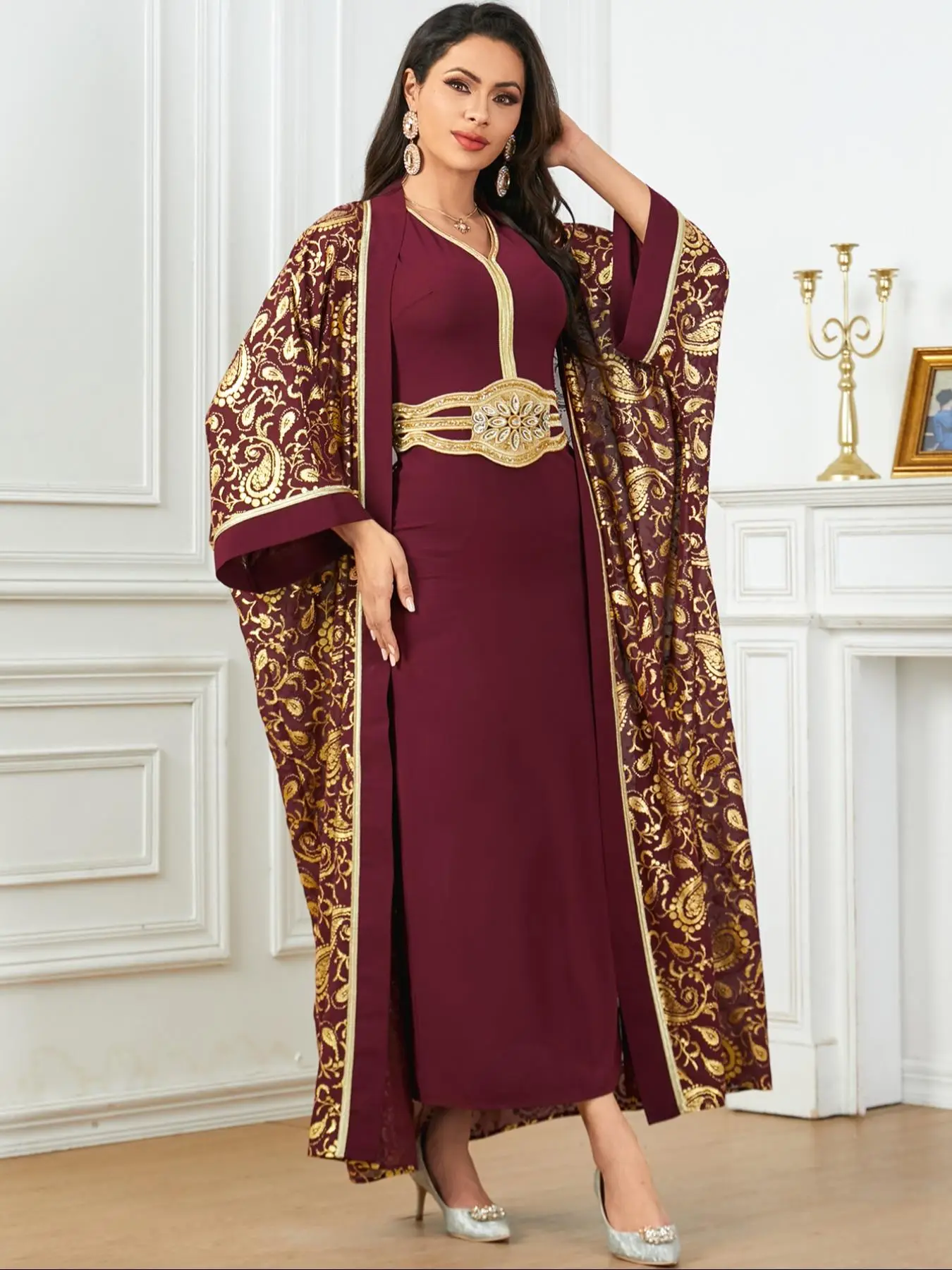 Women's Ethnic Pattern Contrast Sequin Outwear & V Neck Tape Long Dress Set, Summer Clothes, Eid Outfits, Co Ord Set Summer, Lady Prayer Clothes