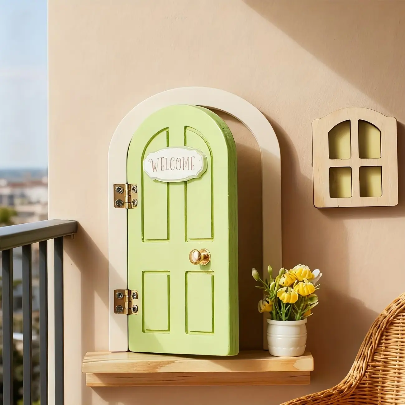 Wooden Cartoon Elf Door, Fairy Door, Fairy Theme, Green Balcony Decorative Home Decor with Luminous Window, Whimsical Cartoon Flower Pot Ornament, Perfect for Photo Props, Kids Birthday, Christmas, Halloween & Children's Day Gifts