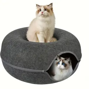 Donut Shaped Cat Bed and Interactive Felt Pet Tunnel with Zipper Play and Training Toy for Small to Medium Sized Cats