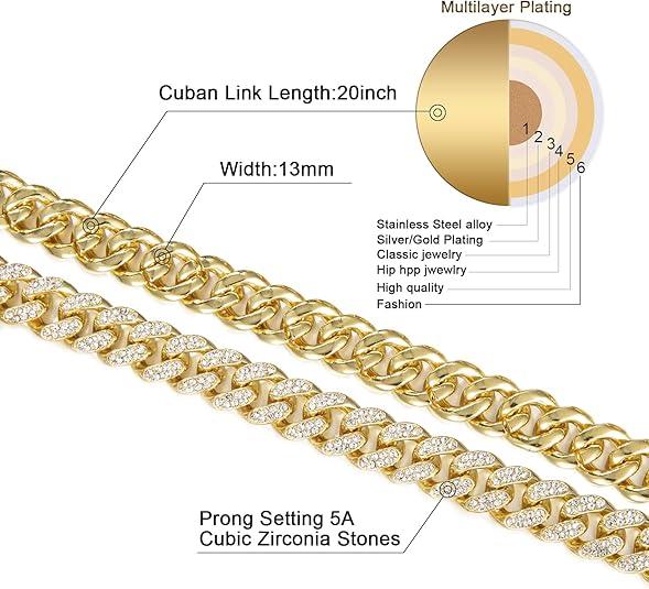 Mens Cuban Link Chain Gold Silver Plated Bling Miami Cuban Necklace Diamond Chain for Men 13MM Iced Out Hip Hop Jewelry 16-20inch