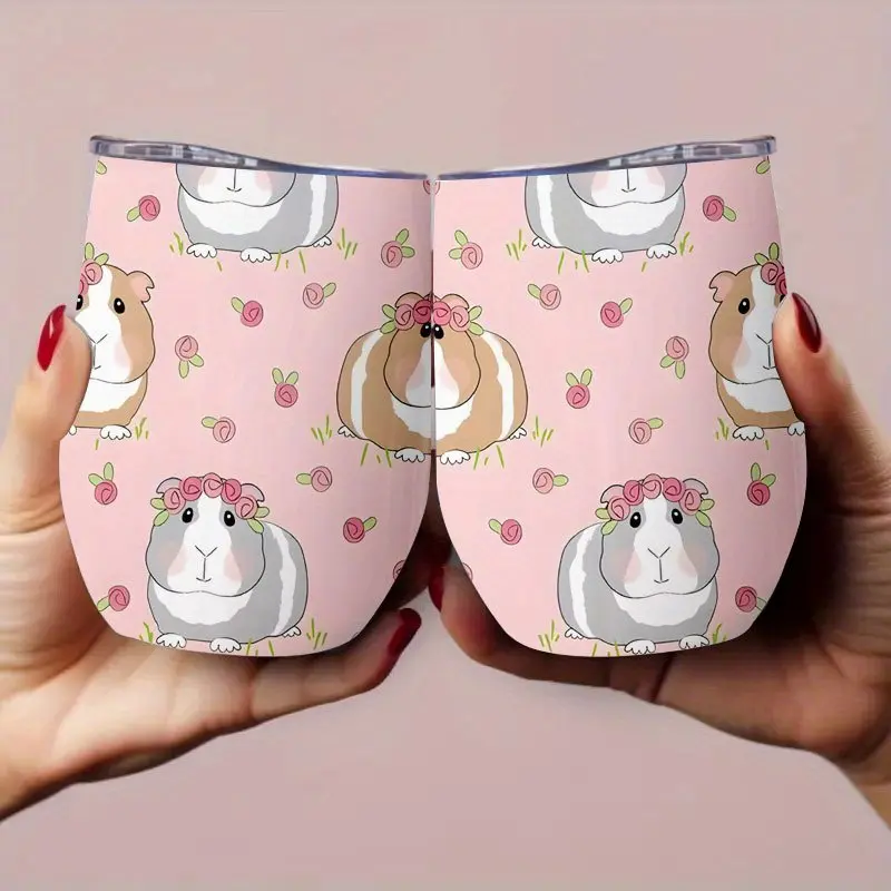 12 oz Stainless Steel Flask Tumbler, Cute Guinea Pig & Floral Pattern, Leak-Proof Reusable Drinkware, for Coffee & Tea, Hand Wash Only, Perfect Gift for Pet Lovers, Flasks