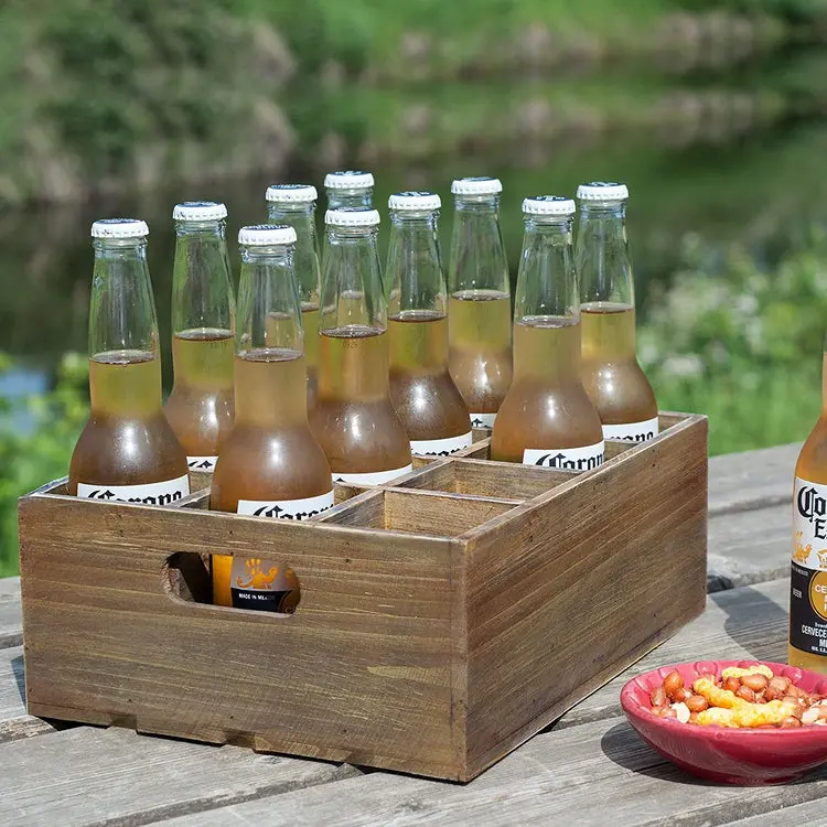 Rustic 12 Slot Beer Bottle Serving Crate with Carrying Handles
