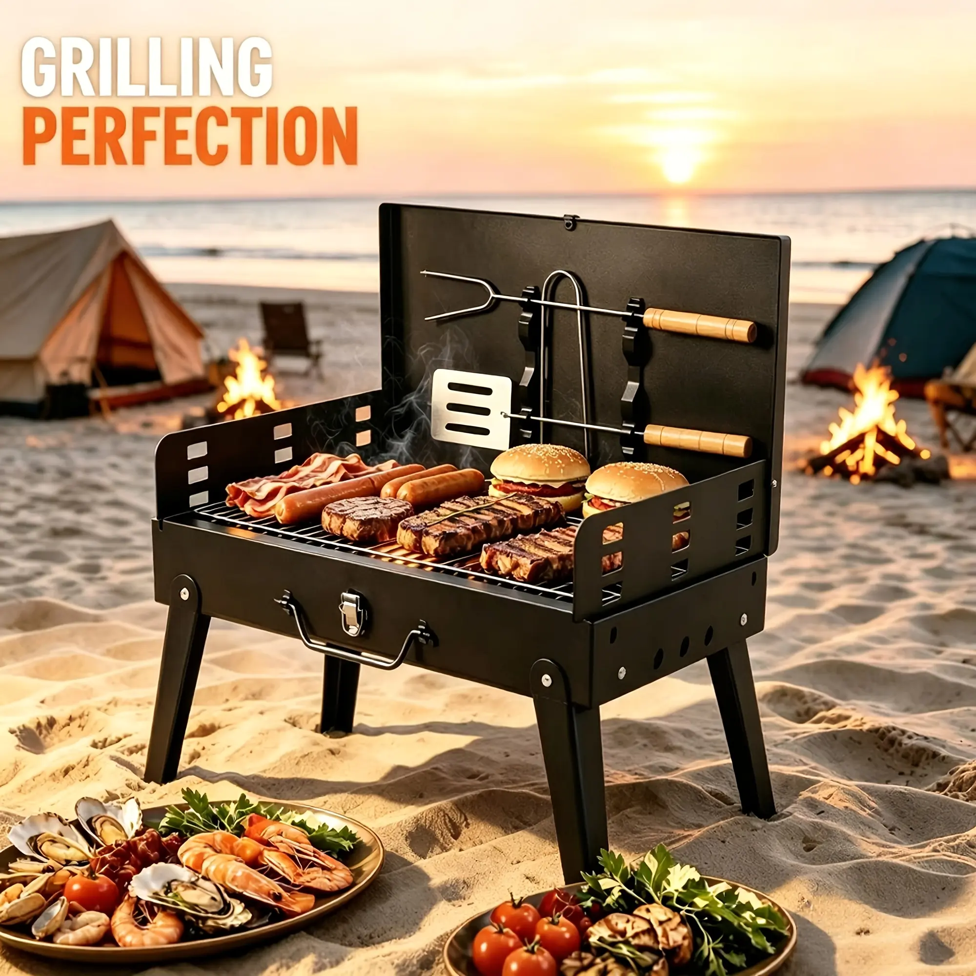Portable Charcoal Grill, Outdoor Tabletop Charcoal Grill With Lid, Foldable Grill, Small Grill, Camping Grill Suitable For Gardens, Backyard Parties, Picnics, And Outdoor Cooking; Ideal For 2 To 3 People; The Perfect Gift For Men