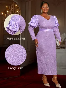 Elegant Aomei Plus Size Women's Embroidered Long Lantern Sleeve Bodycon Fit Spring Evening Dress, Formal Party Gown, Stylish Ballroom Wear Fabric