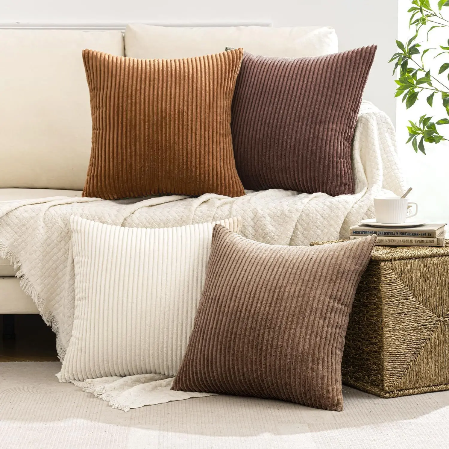 2-Pack 18x18 in Soft Ribbed Corduroy Throw Pillow Covers, Wide Stripe Cushion Cases with Hidden Zipper for Living Room Decor, Bedroom Couch Soft Look Accents