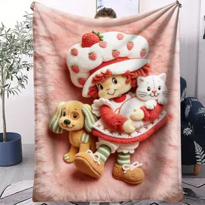 Strawberry Shortcake Pattern Soft Warm Plush, Ideal for Bed Sofa Car Room Decor, Perfect Gift, Single-Sided Print Lightweight Throw Blanket, Decorative Giftable Blankets
