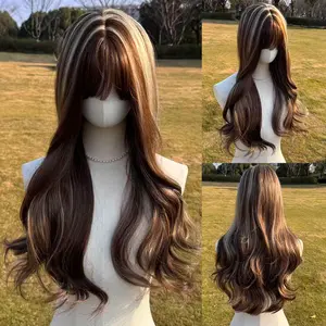 SMILCO 26" Brown and Gold Highlights Long Wave Synthetic Wig SM586 Heat-Resistant Fiber for Daily & Party Wear