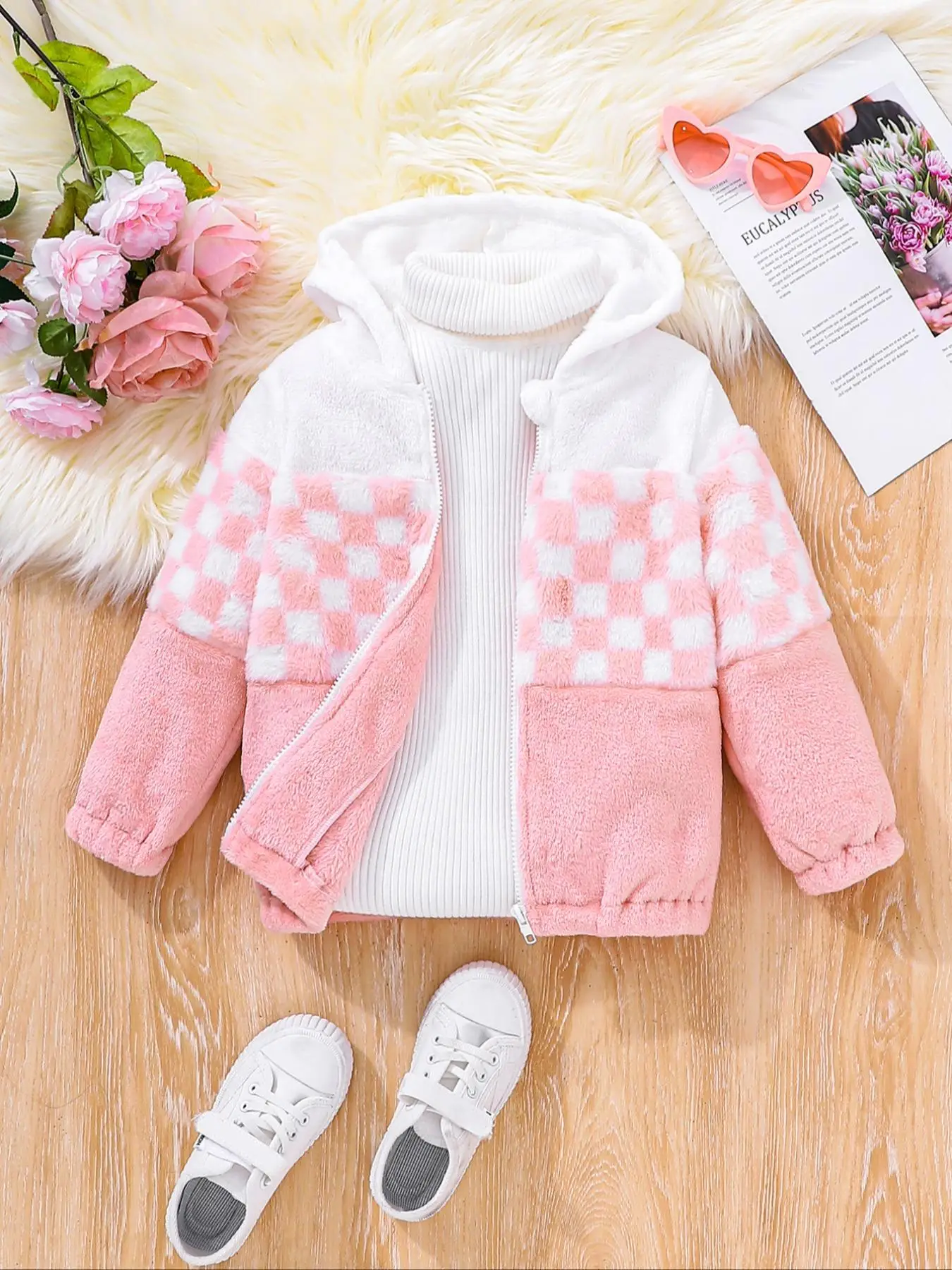 Girl's Colorblock & Plaid Print Zip Up Plush Hooded Coat, Casual Long Sleeve Hooded Outerwear for Fall & Winter, Kids Clothes for Daily Wear, Fashion