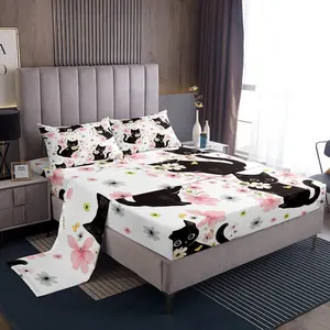 Kawaii Cat Sheet Set Girls Butterflies Cats Print Sheets with Deep Pocket Fitted Sheet for Boys Teens Cute Kitten Flowers Bed Sheets Set Black Animal Floral Cat Lover's Gift Bedding Set Bedroom