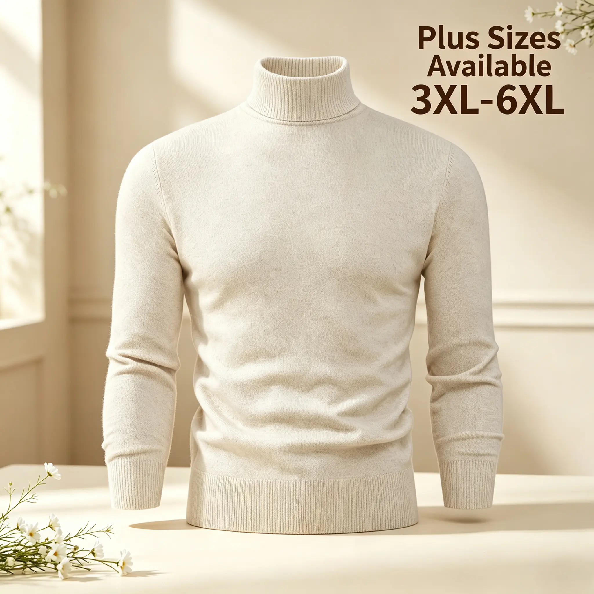 Men's Oversized Turtleneck Knitted Jumper - Plus Size Fashion (3XL-6XL), Soft Knit, Anti-Pilling, Ribbed Cuffs, Soft Lightweight Long Sleeve Sweater for Business Daily Wear, Cold Wash Compatible