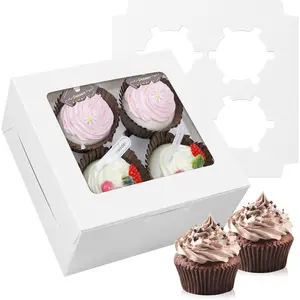 10-Set Cupcake Boxes Bulk with Clear Display Window Hold 4 Standard Cupcakes, Disposable Food Grade White Cupcake Carrier Container for Muffins Cookies Pastries