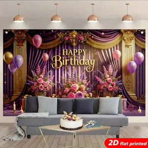 Purple Gold Happy Birthday Tapestry Wall Hanging, Royal Floral Balloon Design, 2D Flat Printed Backdrop for Women's Birthday, Party, Photo Booth, Aesthetic Home Decor, Curtain, Flower studio prop