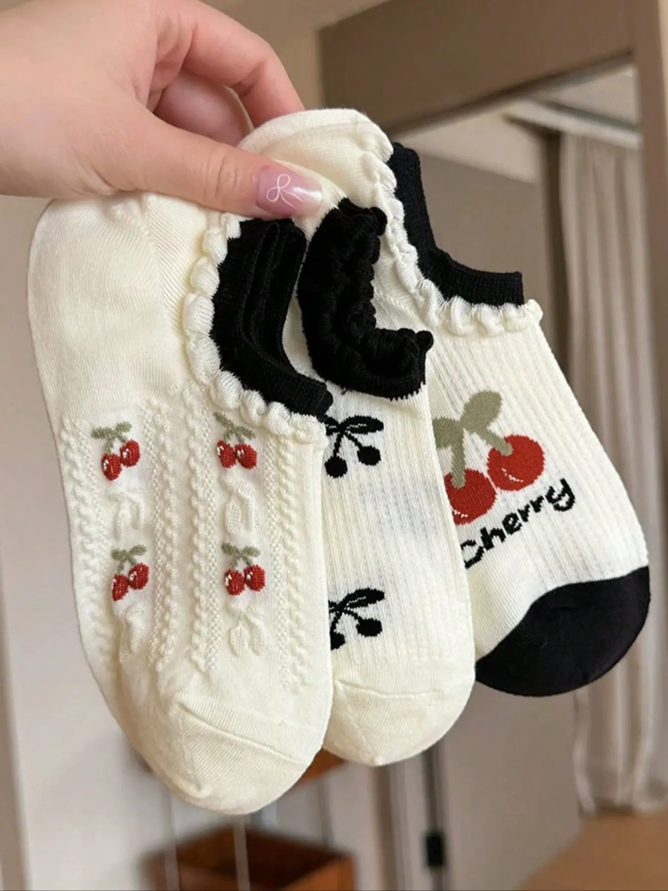 Women's Breathable Soft Invisible Socks, Cherry Mesh Lace Knit Design, Cute Summer Style, Suitable for Daily Wear Party Date School Gift, Knitted Socks