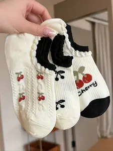Women's Breathable Invisible Slip Knit Socks, Womenswear, Cherry Mesh Lace Design, Cute Summer Style, Suitable for Daily Wear Party Date School Gift