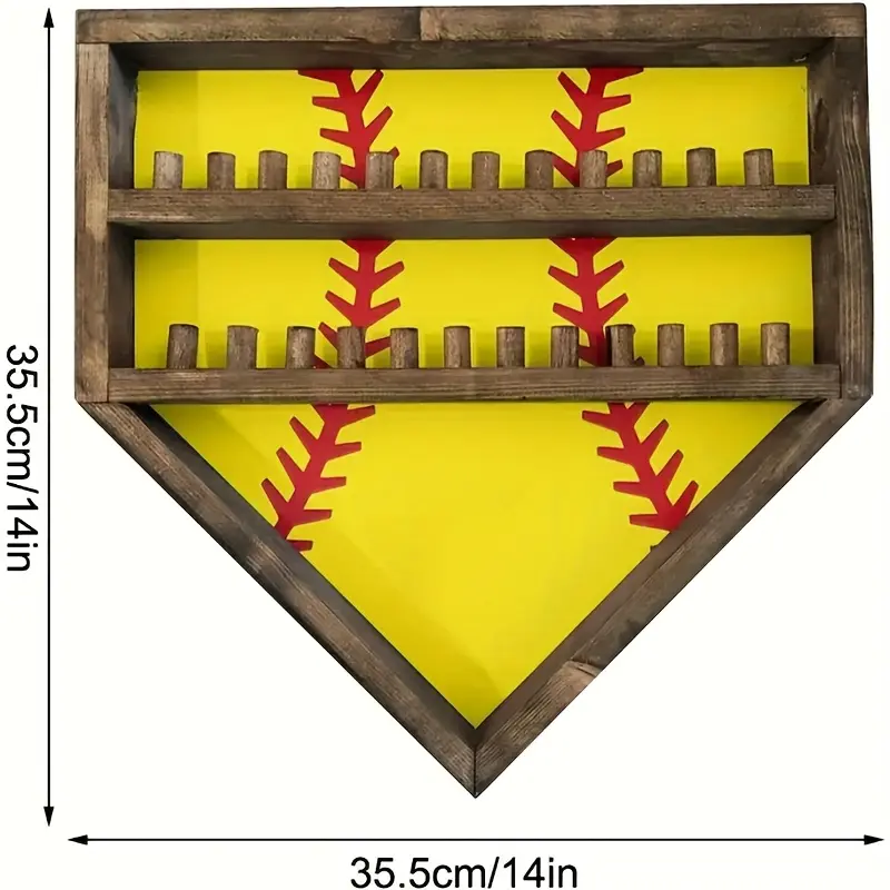 Wall Display Box, Vintage Baseball Style Wooden Memorabilia Organiser with 24 Slots & Hooks for Championship Rings, Medals, Room