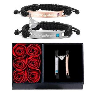 Couple Rhinestone Decorated Magnetic Heart Charm String Bracelet  Gift with Rose Gift Box, 1 Set Fashionable Jewelry for Women & Men, Trendy Bf Gf Bracelet Jewelry for Birthday Gift