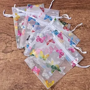 Butterfly Pattern Mesh Gift Bag, 30pcs/set Colorful Candy Bag with Drawstring, Gift Wrapping Bag for Jewelry, Candy, Small Gift