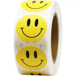 Happy Face Paper Stickers, 1 Inch Yellow, 500 Pieces per Roll, Permanent Adhesive, for Teachers, Parties, Rewards, Kids