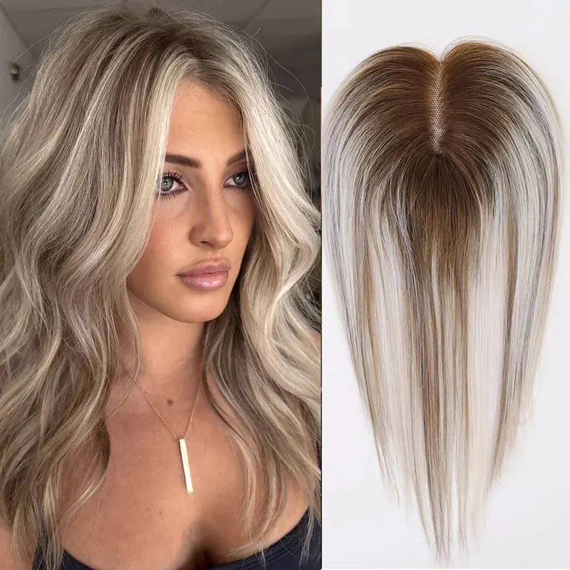2026 New Ash Gray Brown 100% Remy Human Hair Toppers Clips In Hair Lace Base Topper Hairpieces for Women Hair Extensions 12 Inch Straight