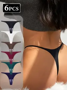 6-pcs Women's Seamless Smooth Underwear Set, Breathable Lightweight Low Waist Simple Plain Thong Panties, Stylish Fitted Comfortable Invisible Lingerie