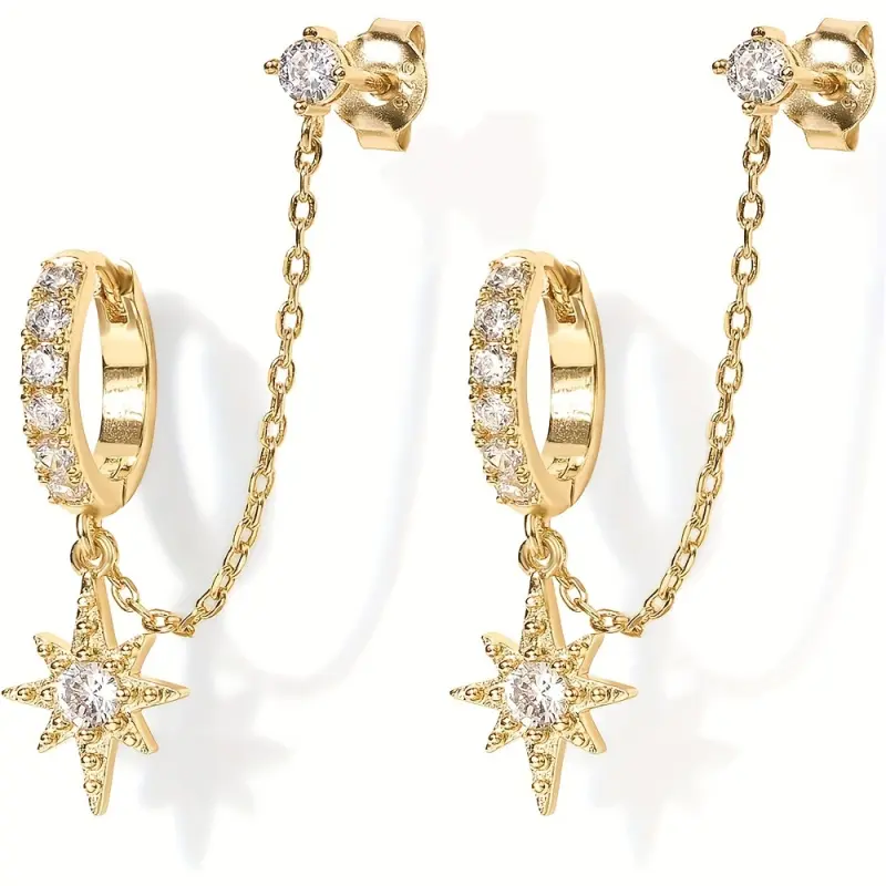 A pair of women's fashion chain earrings/double-pierced pendant chain earrings/shiny star-shaped synthetic zircon earrings