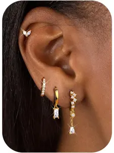 Small Dangle Earring Stacks for Women - Hypoallergenic 14K Gold Plated Huggie Hoop Earring Studs Set Dainty Surgical Stainless Steel Jewelry