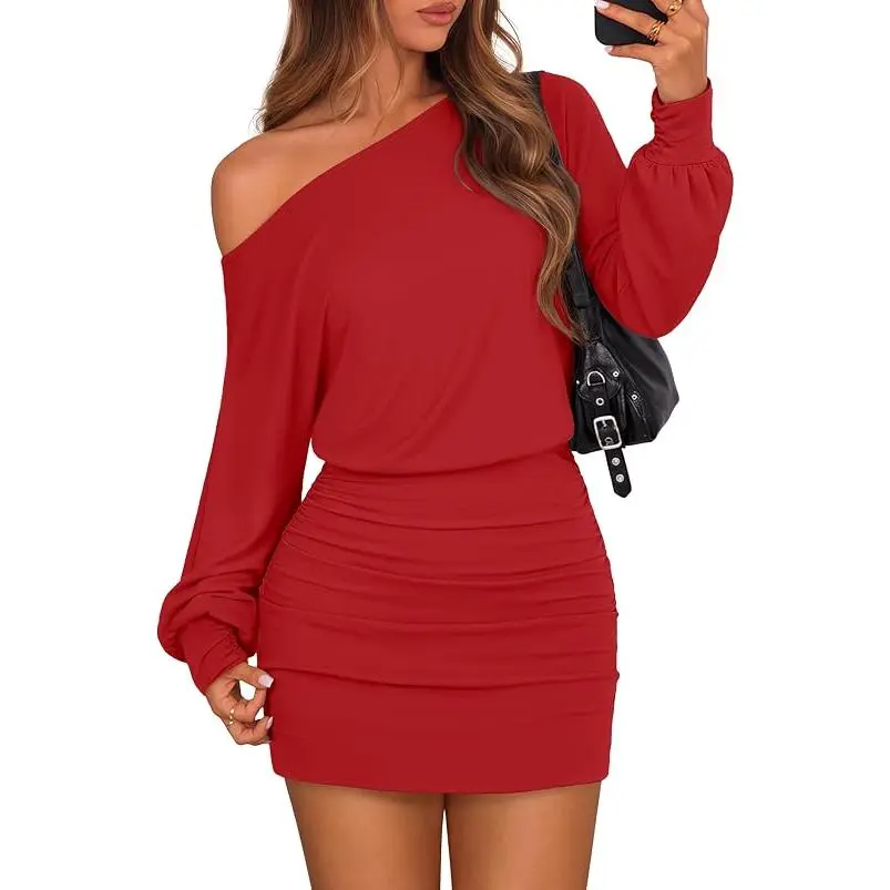 MEROKEETY Women's Fall Off Shoulder Cocktail Party Mini Dresses | Long Sleeve, Date Night, Going Out Outfits, Bodycon, Dinner, Asymmetrical, Ruched Waist, Slim Fit, Y2K, Club Short Dress