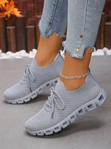 Flyknit Lace-Up Sports Shoes, Gear Sole, Lightweight Breathable Casual Women's Sneakers, Textile Material, Above Ankle Height