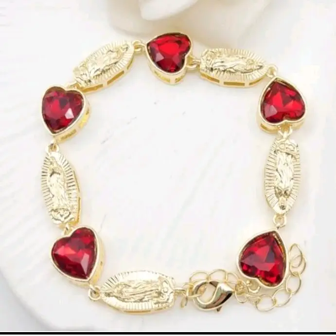 VIRGIN MARY cute bracelet red hearts gold-plated 8"inches virgin mary