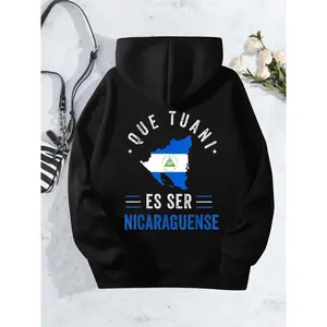 Nicaragua Flag Hoodie - Nicaraguan Pride Print Hooded Long Sleeve Women's Casual - Festive Holiday Design - Soft Cotton Blend Cozy Streetwear Sweatshirts Tops Womenswear Black Pullover Fitted