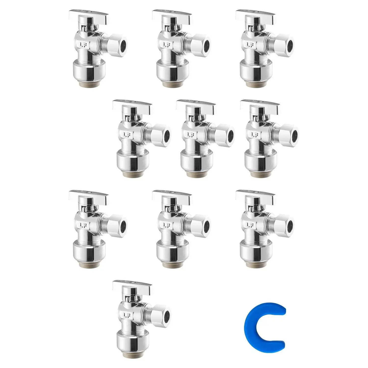 【Summerfinds】VEVOR 10 Pack Angle Stop Valve,  , Push-to-Connect Water Shut Off Valve 1/2" PTC x 3/8" OD Compression, 1/4 Turn Chrome Plated Brass Shutoff Valves for Copper, CPVC, PE-RT, PEX Pipe