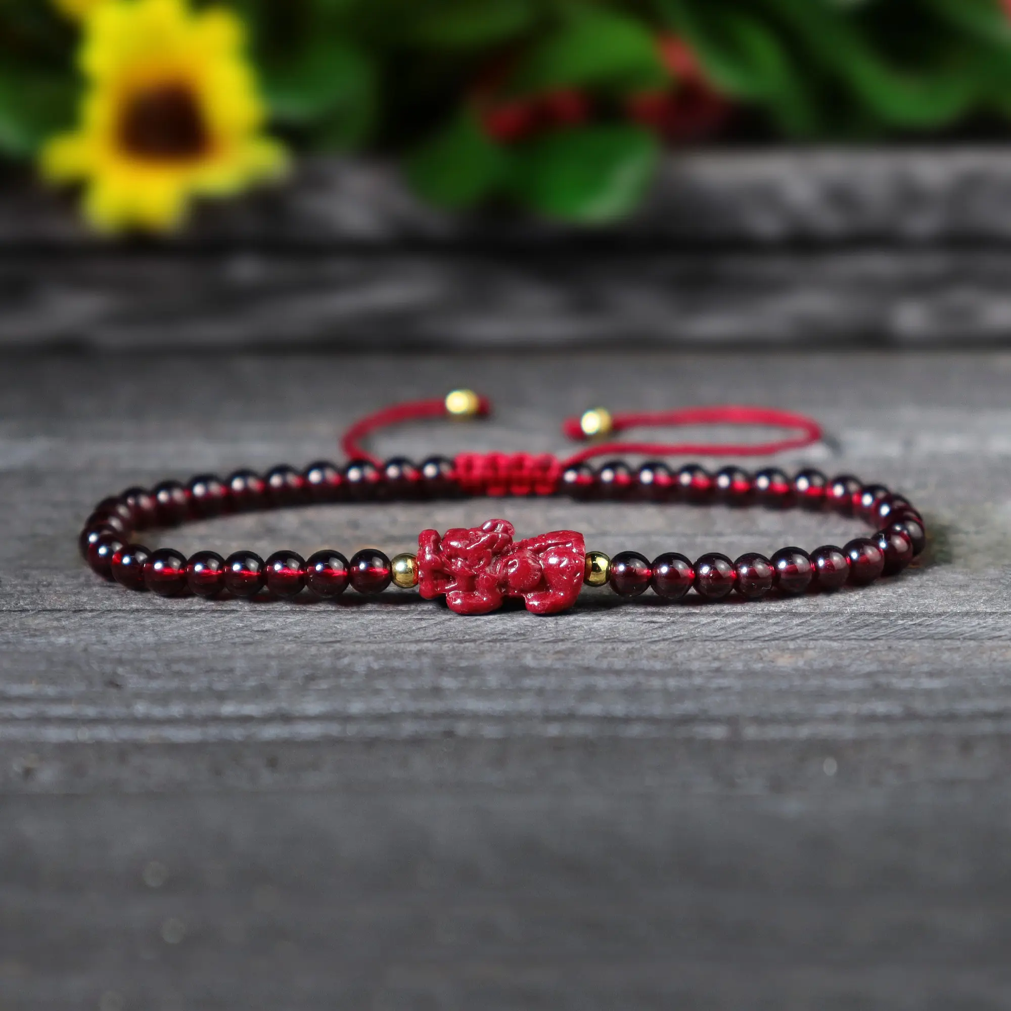 Women's 4mm Natural Garnet Crystal Energy Bracelet, Handmade Adjustable Braided Band with Pixiu Luck Charm, Natural Gemstone Jewelry & Anklet, Beaded, Female, Youth, Daily, Healing Properties, Wax Cord, Beading, Pixiu Charm, Natural Gemstones