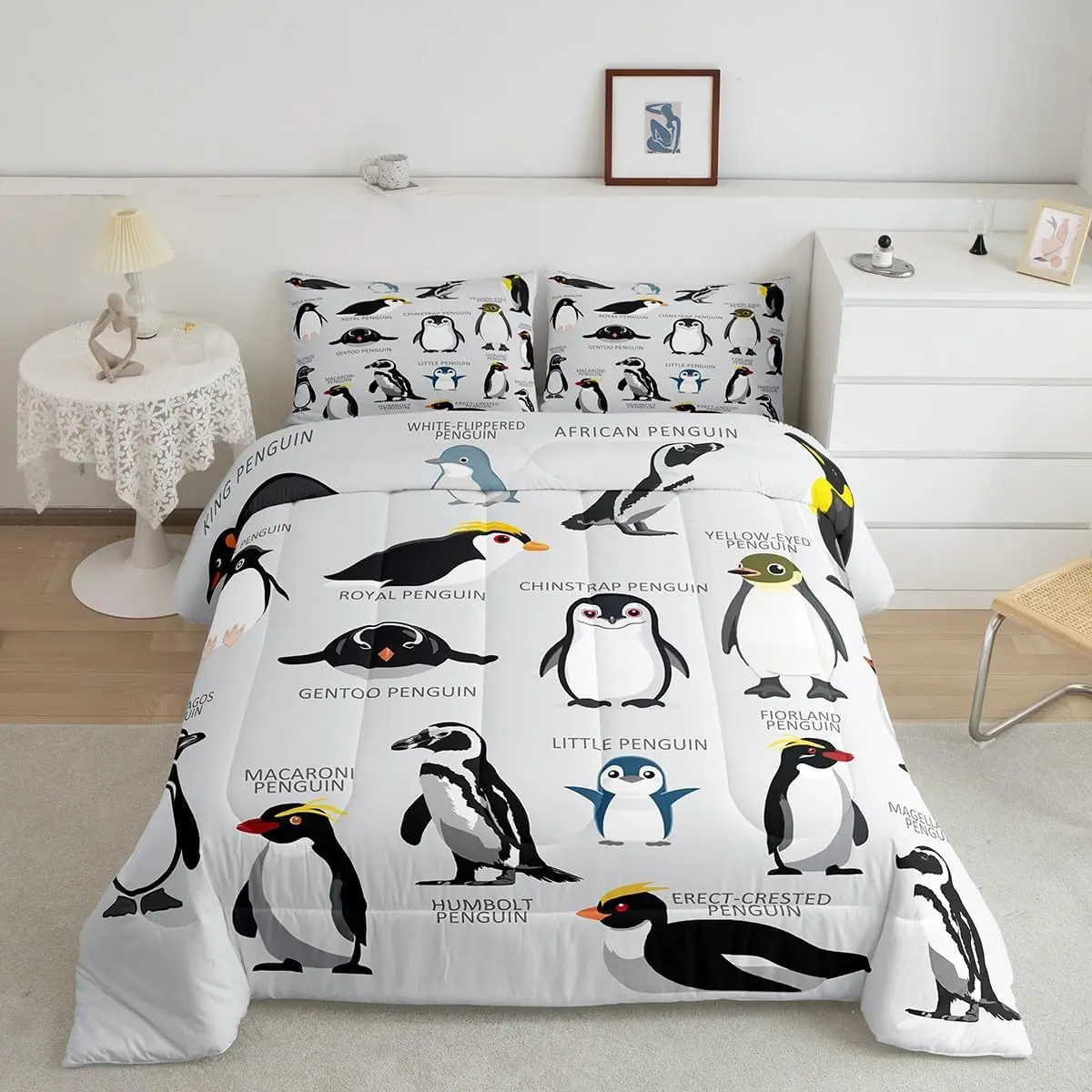 Feelyou Queen Quilted Penguin Microfiber Lightweight Duvet & Quilt Bedspread Set - Soft Unique Bedding, Black-White Cute Animal Design, Grey Wildlife Pattern, Low Roll-Over, Fill Clumping Prevention, Lightweight Duvet Set